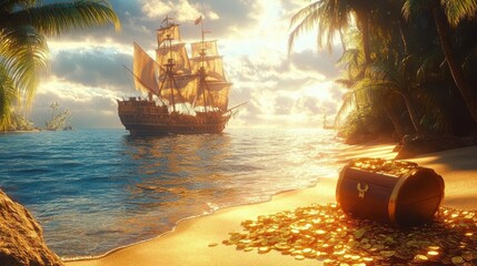 Golden sunlight illuminating a tropical beach with a treasure chest full of gold coins spilling onto the sand and a large sailing ship with billowing sails anchored in the calm sea near palm trees