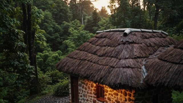 Enchanting thatch cottage nestled in verdant rainforest during twilight rain. Cozy home in lush tropical landscape. Generative AI stock footage 1