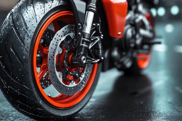 Close-up of a wet motorcycle rear wheel with vibrant orange rims and detailed disc brake on a reflective shiny surface
