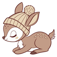 Sleeping Baby Deer with Knitted Hat - No Background. Perfect for: Winter Season, Baby Shower, Forest-Themed Decor