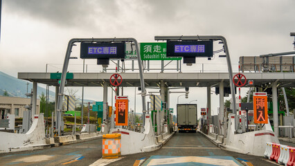Kawaguchiko, Japan - April 26, 2025: Electronic Toll Collection system in use on highways near...