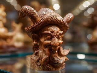 Fototapeta premium Appreciate a Finely Carved Wooden Figurine Displayed on a Glass Plinth Highlighting Exquisite Craftsmanship Details