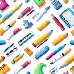 colorful scattered illustration of various school supplies including pencils, pens, sharpeners, paperclips, rulers, erasers, notebooks, and crumpled paper on white background