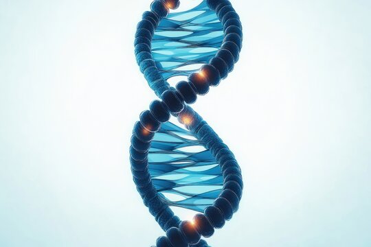 Close-up of a blue DNA double helix strand with glowing nodes, representing genetic structure and molecular biology - Powered by Adobe