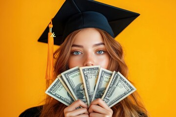 Young woman wearing graduation cap holding spread US dollar bills in front of face with an orange background conveying achievement and financial success