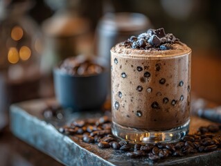 Espresso chip smoothie textures studded with chocolate bits deliver robust coffee flavor and decadent creaminess