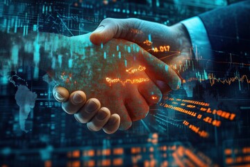 Two hands shaking representing business cooperation with digital data and financial charts overlay