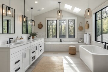 Fototapeta premium bright modern bathroom with large windows, white double vanity, soaking tub, woven baskets, natural light, neutral tones, and minimalist decor
