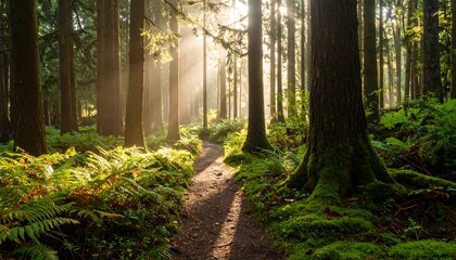 Obraz premium Sunlit Forest Trail with Pacific Northwest.