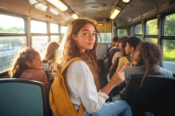 young girl with a yellow backpack sitting on a bus looking back thoughtfully while other teenagers sit around her in warm evening light