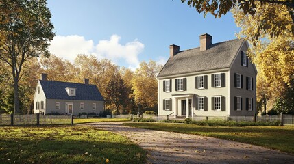 Obraz premium Autumnal Colonial Houses: A Picturesque New England Scene