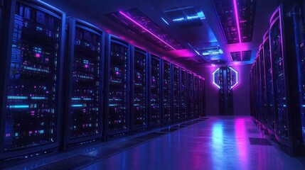 Futuristic data center with rows of illuminated server racks glowing in neon purple and blue lighting, creating a high-tech and modern atmosphere