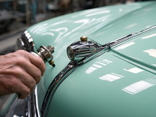 Naklejka premium Precision sprayer misting mint green leaves captured in close up shot illustrating fine atomization technique