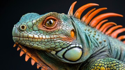 Fototapeta premium Close-up portrait of a vibrant green and orange iguana, showcasing its intricate scales and textured skin against a dark background.