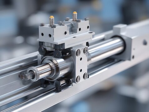 Pneumatic actuator extending in profile shot demonstrating responsive industrial motion for automated engineering systems applications