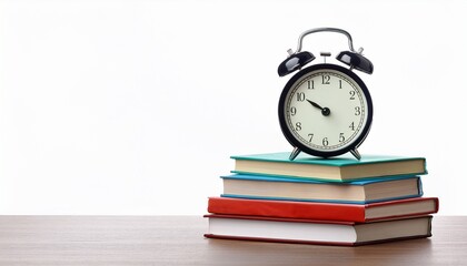 alarm clock with stack of book on white background