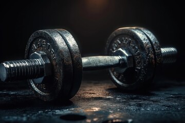 Naklejka premium Close-up of a rusty metal dumbbell on a dark textured surface with focused lighting highlighting its rough details and metallic texture