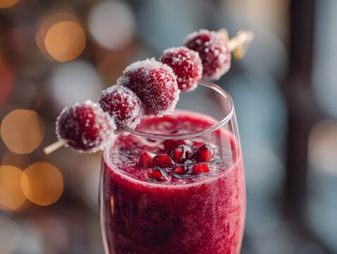 Pomegranate cranberry smoothie festive holiday cocktail offers tangy sweetness topped with fresh seeds seasonal indulgence