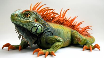 Obraz premium Vibrant green and orange iguana sculpture, detailed texture and pose.