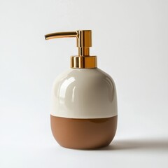 Obraz premium Ceramic soap dispenser with golden pump isolated on white background