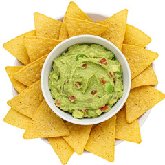 Seasoned Guacamole in White Bowl with Tortilla Chips Around – Top View – Transparent Background