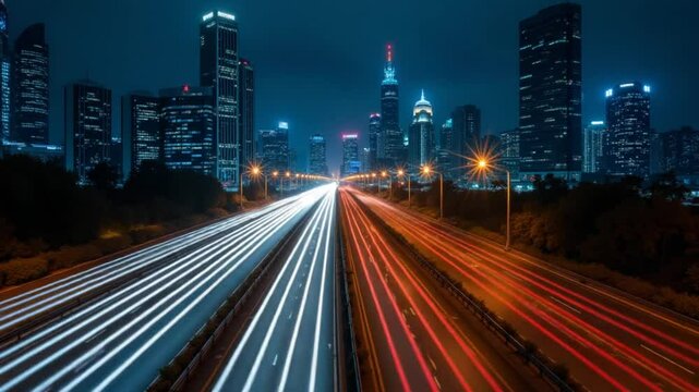 Night city traffic flowing on a highspeed highway in the bustling downtown metropolis