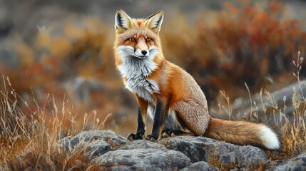 Red fox sitting on rocks in autumnal landscape.
