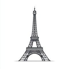 Detailed black and white line drawing of a tall lattice tower with three levels and an arched base, representing a famous landmark structure in minimalist style