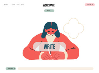 Writing people, modern flat vector concept illustration- sitting woman thoughtfully writing on paper, bubble near head Metaphor for reflection, personal insight, contemplation, creative expression