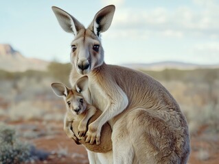 Fototapeta premium Kangaroo mother and joey in pouch