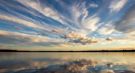 Obraz premium Lake Reflection with Cloudy Sky at Sunset