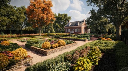 Obraz premium Autumnal Garden Estate: A Serene Landscape Design