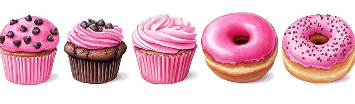 Pink cupcakes, donuts, dessert. Sweet treats