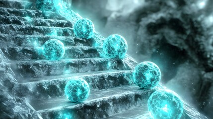 Glowing Spheres on Stone Steps Fantasy Scene