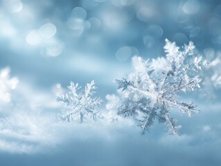 Two Snowflakes on Snow with Blue Bokeh Background