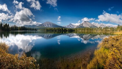 stunning lake reflection under blue sky and clouds a captivating natural landscape photography