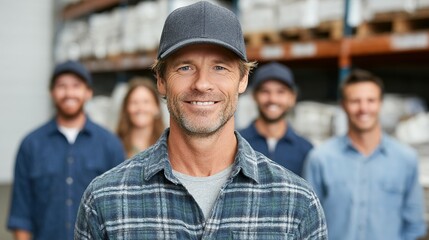 Group of happy workers in a warehouse setting.