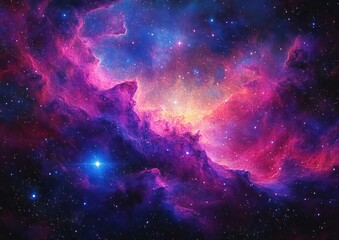 Fototapeta premium Colorful cosmic nebula with luminous stars scattered throughout deep space, showcasing vibrant pink, purple, blue, and golden hues creating a mystical and awe-inspiring celestial scene