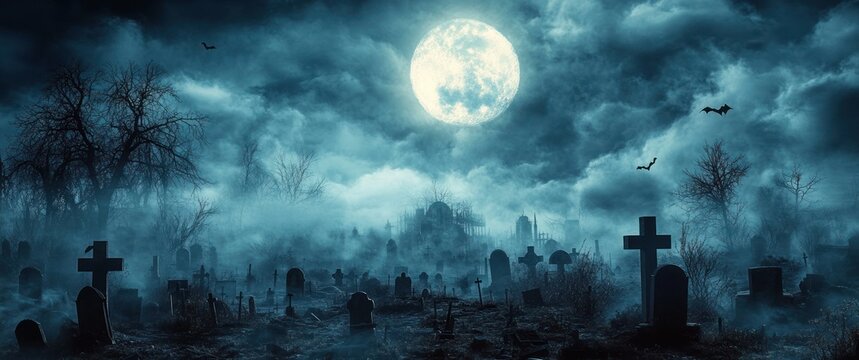 foggy moonlit graveyard with numerous tombstones, barren trees, flying bats, and dark cloudy sky creating eerie and mysterious atmosphere
