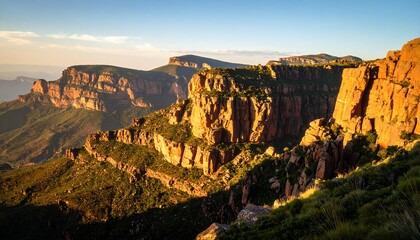 Sunset over desert canyon cliffs.