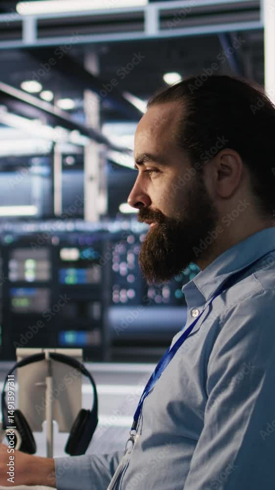 Poster vertical video smiling data center technician using pc to monitor neural network ai llm visualizatio