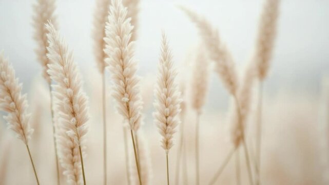 Abstract natural background of soft plants Cortaderia selloana. Pampas grass on a blurry bokeh, Dry reeds boho style. Fluffy stems of tall grass in winter, white background