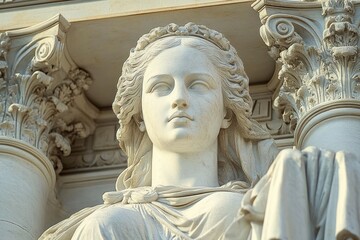 Obraz premium Close-up of a serene classical white marble statue of a woman with intricate hair and drapery, surrounded by ornate architectural columns with carved floral details