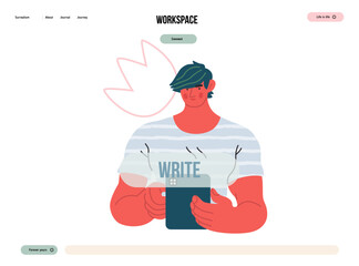 Writing people, modern flat vector concept illustration- standing man thoughtfully writing on tablet, bubble near head Metaphor for reflection, personal insight, contemplation, creative expression