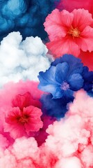 Whimsical Red Pink Blue Floral Background: Lush Smoky Color Blend in Vibrant Flower Arrangement