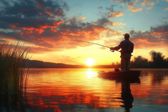 Silhouette of a man fishing from a boat on calm lake during vibrant sunset with colorful orange and red clouds reflecting on water