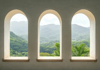 Three arched windows showing a serene view of lush green mountains and tropical plants under a cloudy sky