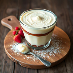 homemade pudding on wooden board