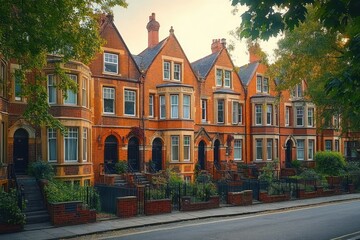 Row of historic red brick townhouses with black doors and staircases, surrounded by lush greenery and trees under a warm sky at dusk
