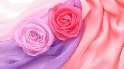Pink and Purple Silk Roses on Soft Fabric Background